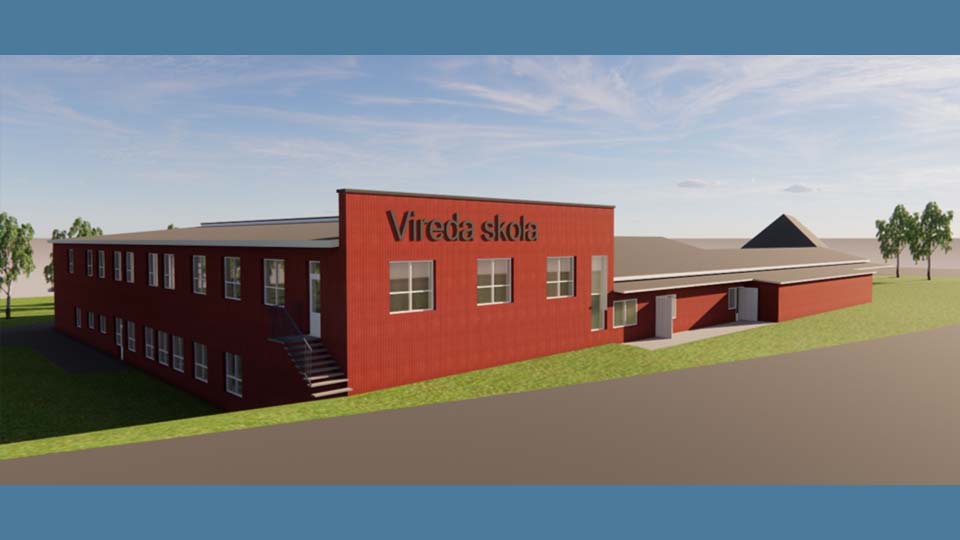 Skiss för hur Vireda skola kommer se ut efter ombyggnad. Röd byggnad i trä.