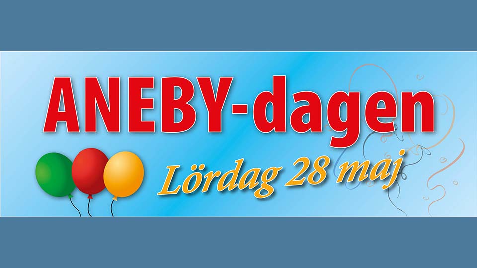 Blå bakgrund med texten "Anebydagen lördag 28 maj".