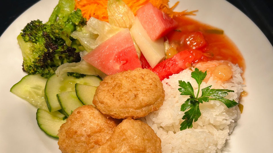 Kyckling, ris och grönsaker på en tallrik. Foto. 