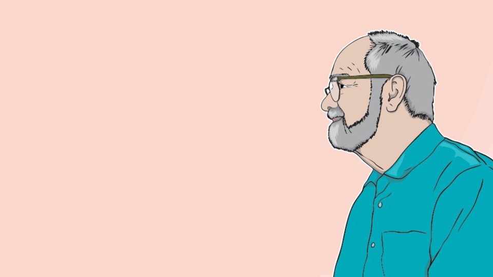 Illustration av en person i profil som bär en turkos skjorta, mot en ljus aprikosfärgad bakgrund. Personen har kort grått hår och glasögon, och sitter vänd åt höger. Illustration 