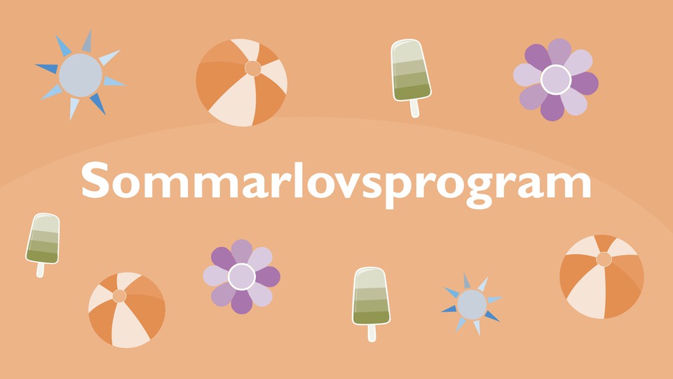 Illustartion med glass, badboll, sol och blomma med texten "Sommarlovsprogram". Illustartion