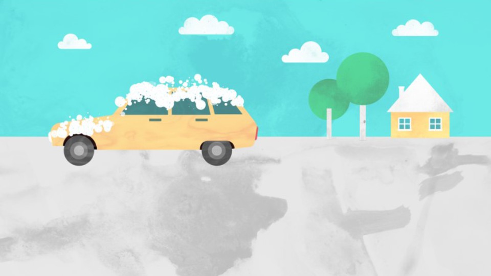 Illustration om en bil med tvållödder på som står på en gata. Illustration. 