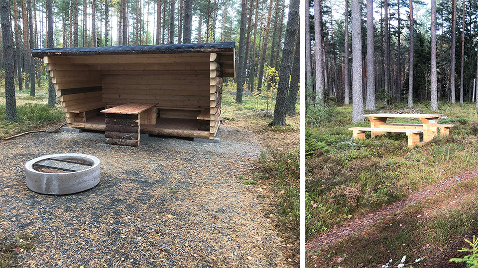 Bild på två nya satsningar i naturreservatet Furulidsskogen, till vänster ett nytt vindskydd och till höger ett nytt fikabord.