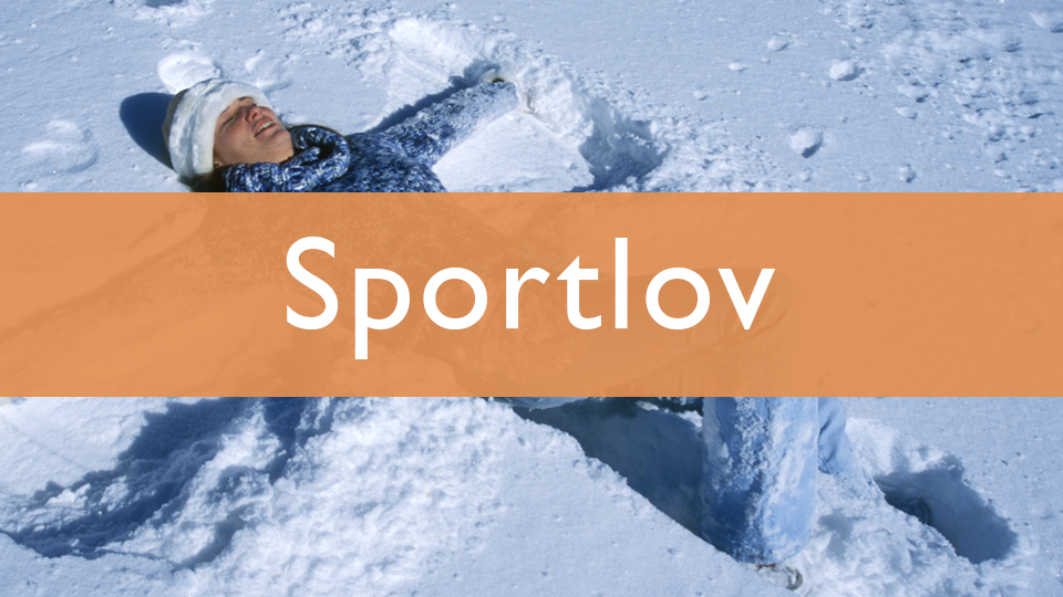 En pojk som gör snöänglar i sön, med texten sportlov ovanpå bilden. 