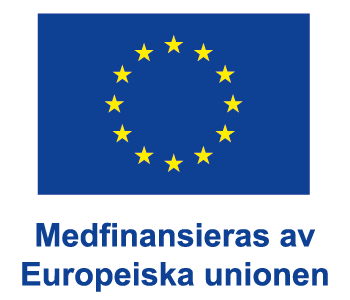 U-flagga med tolv gula stjärnor i cirkel på blå bakgrund. Under flaggan står texten: 'Medfinansieras av Europeiska unionen' i blått. Illustration