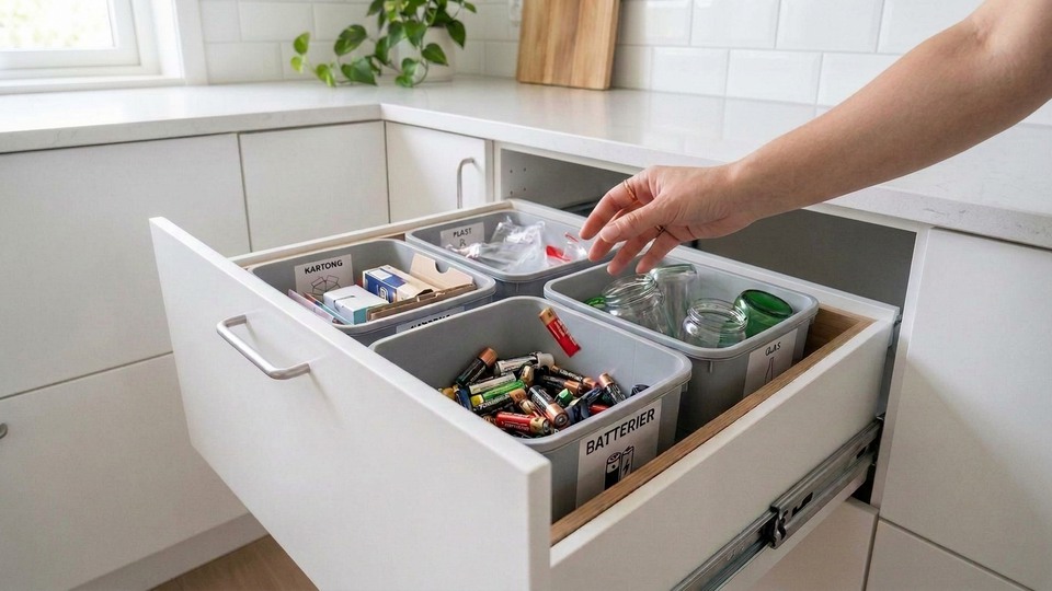 En person som sorterar batteri i en låda.
