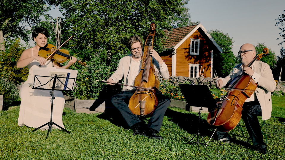 Två män och en kvinna som spelar stråkinstrument.