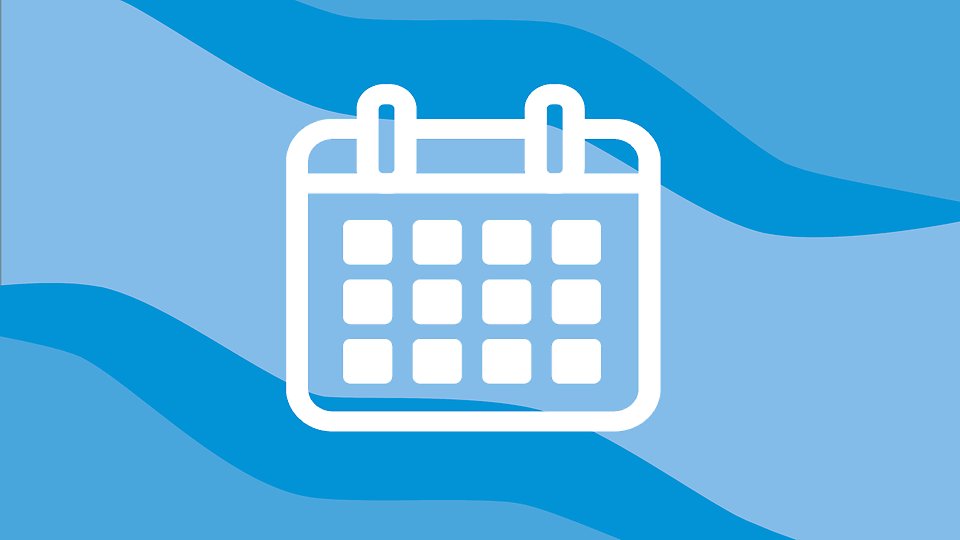 Vit kalenderikon med rutnät mot blå vågig bakgrund. Illustration 