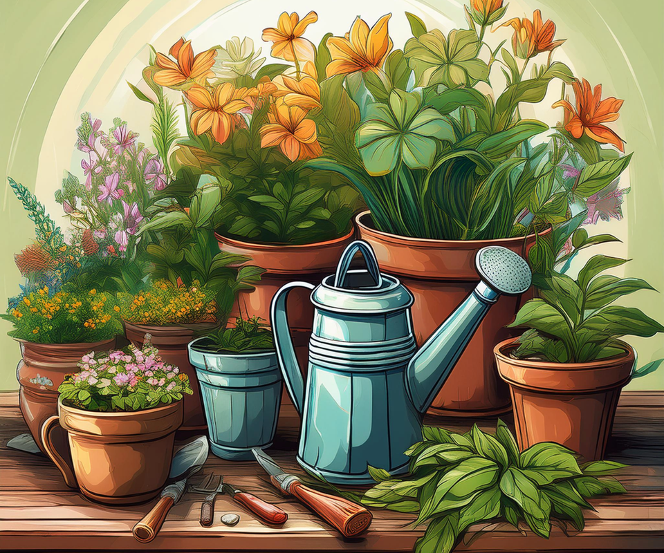 Illustration av odlingsbord, fullt med plantor, gröna löv, blommor, vattenkanna. AI-genererad.