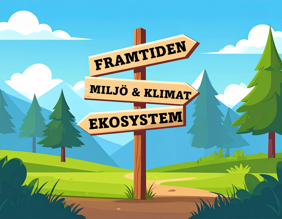 Tecknad bild med vägskylt där det står skrivet: framtiden, miljö & klimat, ekosystem. AI-genererad. 