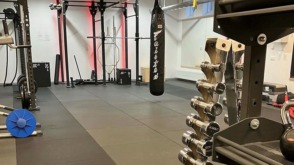 Ett gym med fria vikter och träningsutrustning. I förgrunden syns ett ställ med hantlar, och i bakgrunden finns en boxningssäck, skivstänger och andra träningsredskap i ett rymligt, ljust träningsrum. Foto 